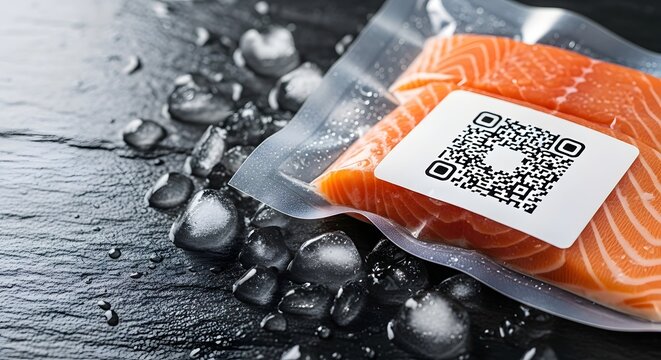 Fresh salmon in a vacuum-sealed package with a QR code label, presented on ice for a modern seafood traceability concept