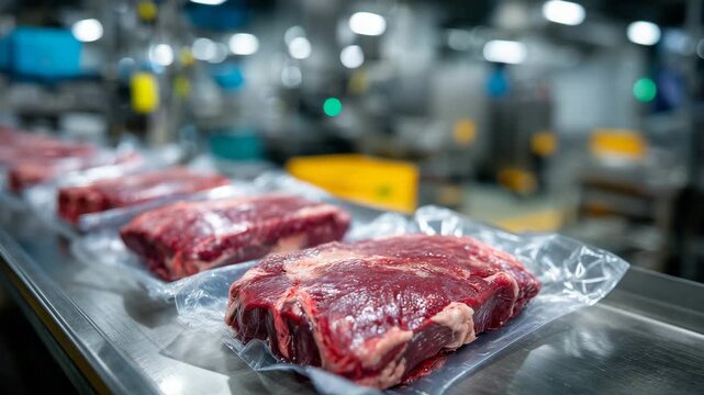 Close-up of red beef steaks in vacuum packs, neatly aligned on shiny stainless steel table, industrial lighting highlighting textures of meat and packaging in food plant environmen
