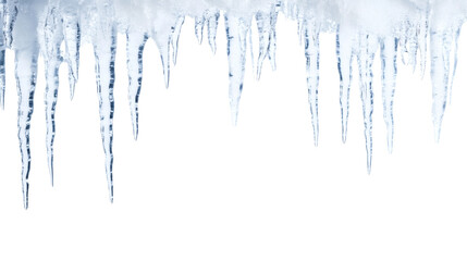 Icicles hanging in clean geometric forms, creating a sharp and cold visual texture against a stark white background. Winter Wonderland from a Frozen Surface with copy space.