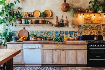 A bohemian kitchen characterized