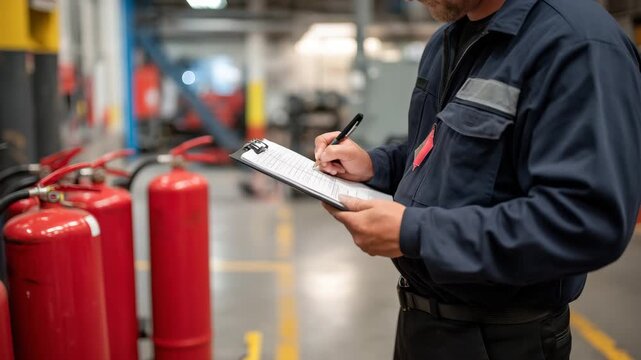 Close-up of worker marking an inspection sheet while inspecting red fire extinguishers, reflective industrial flooring and warning signage in the background