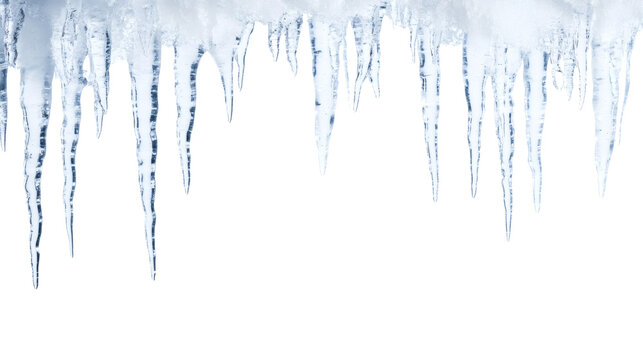 Icicles hanging in clean geometric forms, creating a sharp and cold visual texture against a stark white background. Winter Wonderland from a Frozen Surface with copy space.