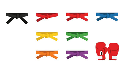 Martial arts progression represented by colorful belts and boxing gloves vector illustration