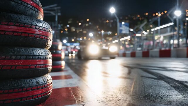 Close-up view of thick red and black tire stacks positioned on the edge of a motorsport track, rough rubber surfaces catching reflections from overhead lights, skid marks on surrou