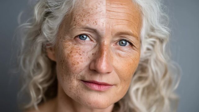 Conceptual beauty image showing aging progression, woman&rsquo;s face split with one side mature, spotted, and wrinkled, the other youthful and vibrant, neutral background keeping focus