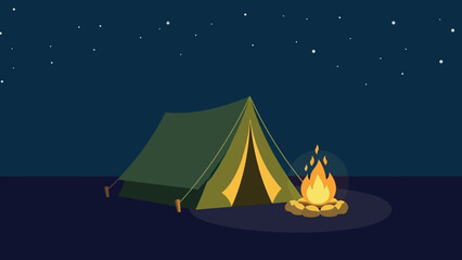 Cartoon Illustration of a Camping Scene with Tent Bonfire and Starry Night Sky