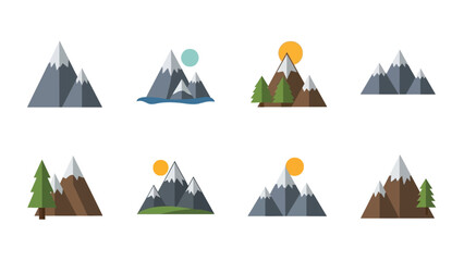 Collection of stylized mountain range illustrations showcasing diverse landscape elements