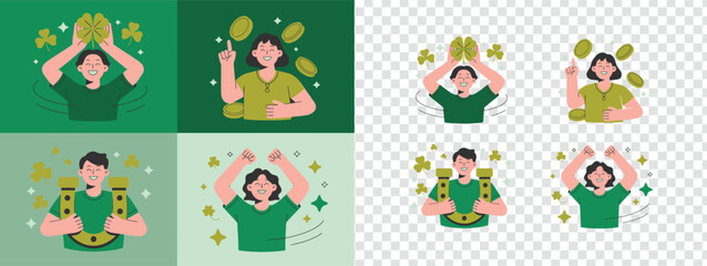 Obraz premium Diverse happy people embracing good fortune with lucky shamrocks, golden coins, and a horseshoe for Saint Patricks Day