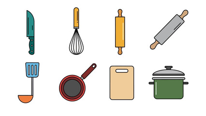 Colorful kitchen utensil vector illustration featuring knife whisk rolling pins pan pot