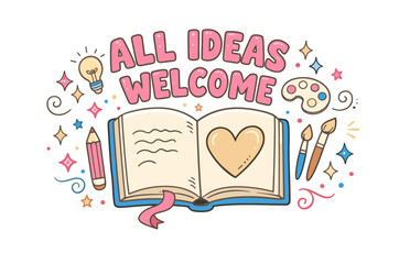 Creative inspiration: all ideas welcome with open book and art supplies