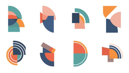 Collection of abstract geometric half-circle shapes on white background illustration