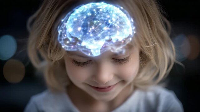 Dreamy scene of a child imagining new ideas as a radiant holographic brain floats near her head, neural nodes sparkling with color, symbolizing growth, intelligence, and cognitive