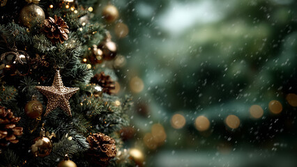 Festive Christmas tree ornaments with soft bokeh and snowfall