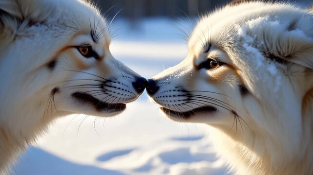 Two white arctic foxes nuzzling noses with snowflakes on their muzzles in soft morning light, the concept of playful tenderness and joy in a snowy kingdom