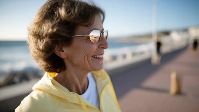 Elderly woman in yellow activewear jogging along a beachside promenade, warm sunlight creating golden glow, reflective sunglasses showing sand and water, happy and energetic mood