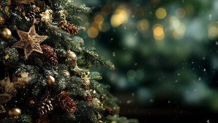 Holiday pine branch with decorations and glowing background lights