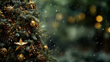 Evergreen Holiday tree detail with warm lights and copy space