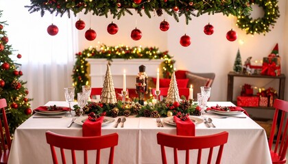 Festive Christmas dining table with red chairs and holiday decorations