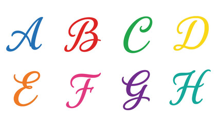 Obraz premium Colorful cursive alphabet letters from A to H for educational designs and playful typography