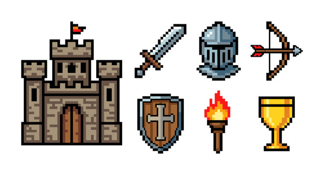 Pixel art medieval fantasy icon set for game design