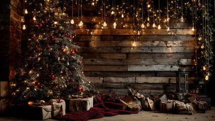 Cozy rustic Christmas room with tree, gifts and warm string lights