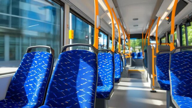 Forward interior scene of a completely empty public bus, polished floor leading to the front, blue geometric seat patterns vivid and clean, bright orange poles stretching overhead,