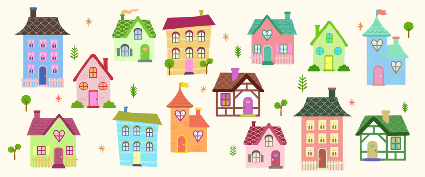 Colorful Cute Houses Vector Set &ndash; Hand-drawn Cartoon Homes, Cozy Architecture Illustration for Kids and Posters