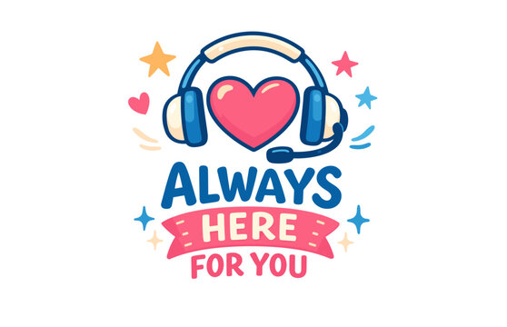 Heart-shaped headset symbolizing support and care with always here for you message