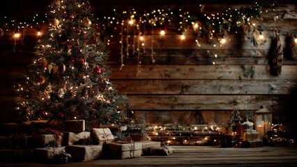 Cozy rustic Holiday room with tree, gifts and warm string lights