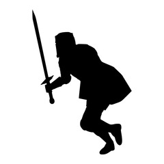 Medieval knight male warrior holding sword, shield isolated on white background. Hero wearing armor. Knight silhouette. For symbol, logo, web icon, mascot and game elements. Protection and security.