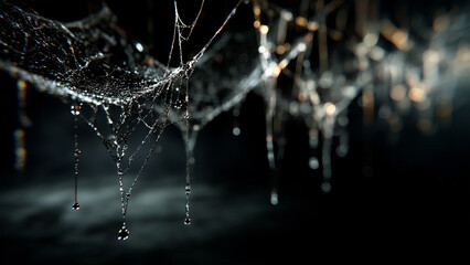 Spider web detail with droplets, dramatic low key lighting