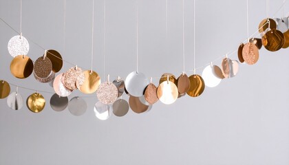 Metallic disc garland hanging on light gray wall