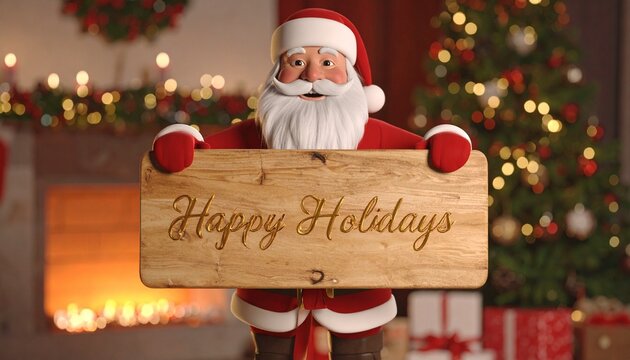 Santa with "HAPPY HOLIDAYS" sign, Christmas tree, fireplace, gifts, cozy festive interior scene. - Powered by Adobe
