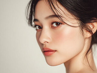Naklejka premium with Radiant Skin on Pink Background / 艶肌の若い日本人女性のクローズアップ