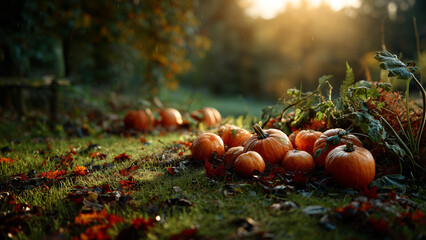 Pumpkins on forest floor in warm autumn sunlight