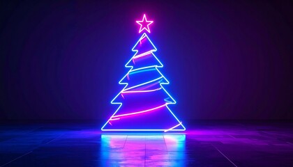 Neon Christmas tree with glowing star on dark gradient background, modern festive holiday design.