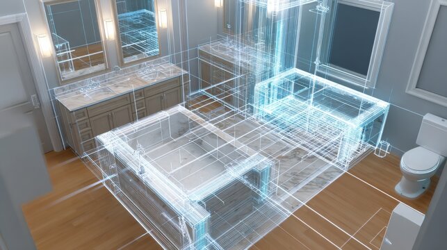 Medium shot of a 3D bathroom remodel model highlighting fixture placements and spatial adjustments in a digital twin environment.