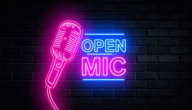 Neon "OPEN MIC" sign with pink microphone on dark brick wall, vibrant nightlife entertainment vibe.