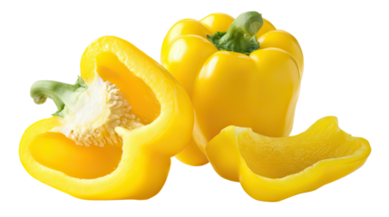 Two piles of yellow bell peppers side by side with whole peppers and sliced pieces on transparent background