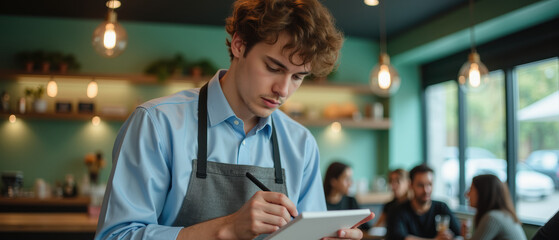 Young male waiter taking notes in cafe, wearing apron, focused expression, modern interior, customers in background, natural light