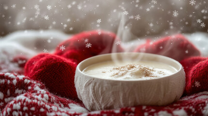 Close-up of a steaming cup of eggnog on a cozy knitted blanket, with Santa red mittens and falling snowflakes in the softly blurred background 