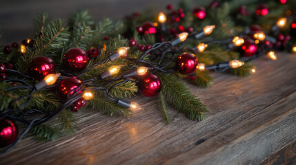 Close-up of a sparkling string of Christmas lights intertwined with pine branches and shiny red baubles on a rustic wooden table.