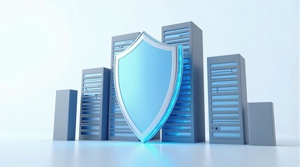 Glowing blue shield in front of futuristic server racks with digital lighting and cyber theme