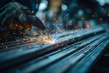 Industrial welder working with sparks and molten metal in dark workshop environment
