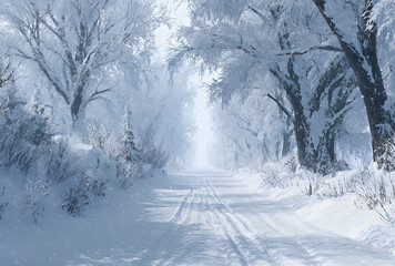 Snow covered winter road lined with frozen trees creating quiet and atmospheric cold landscape