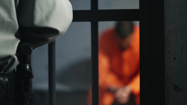 Armed prison guard standing near cell with African American inmate serving time