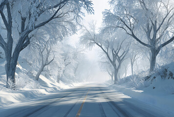 Snow covered winter road lined with frozen trees creating quiet and atmospheric cold landscape