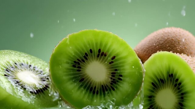 白背景でキウイ果汁が弾けるスプラッシュ表現