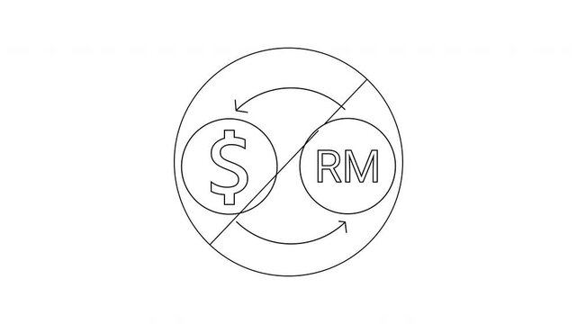 A circular symbol featuring dollar  and ringgit RM signs crossed out with exchange arrows