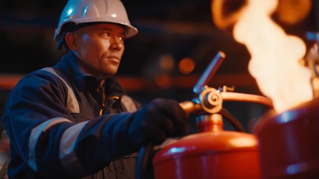 Maintenance technician in hard hat checking pressure needle on extinguisher, multiple units lined up, dramatic industrial lighting creating strong highlights